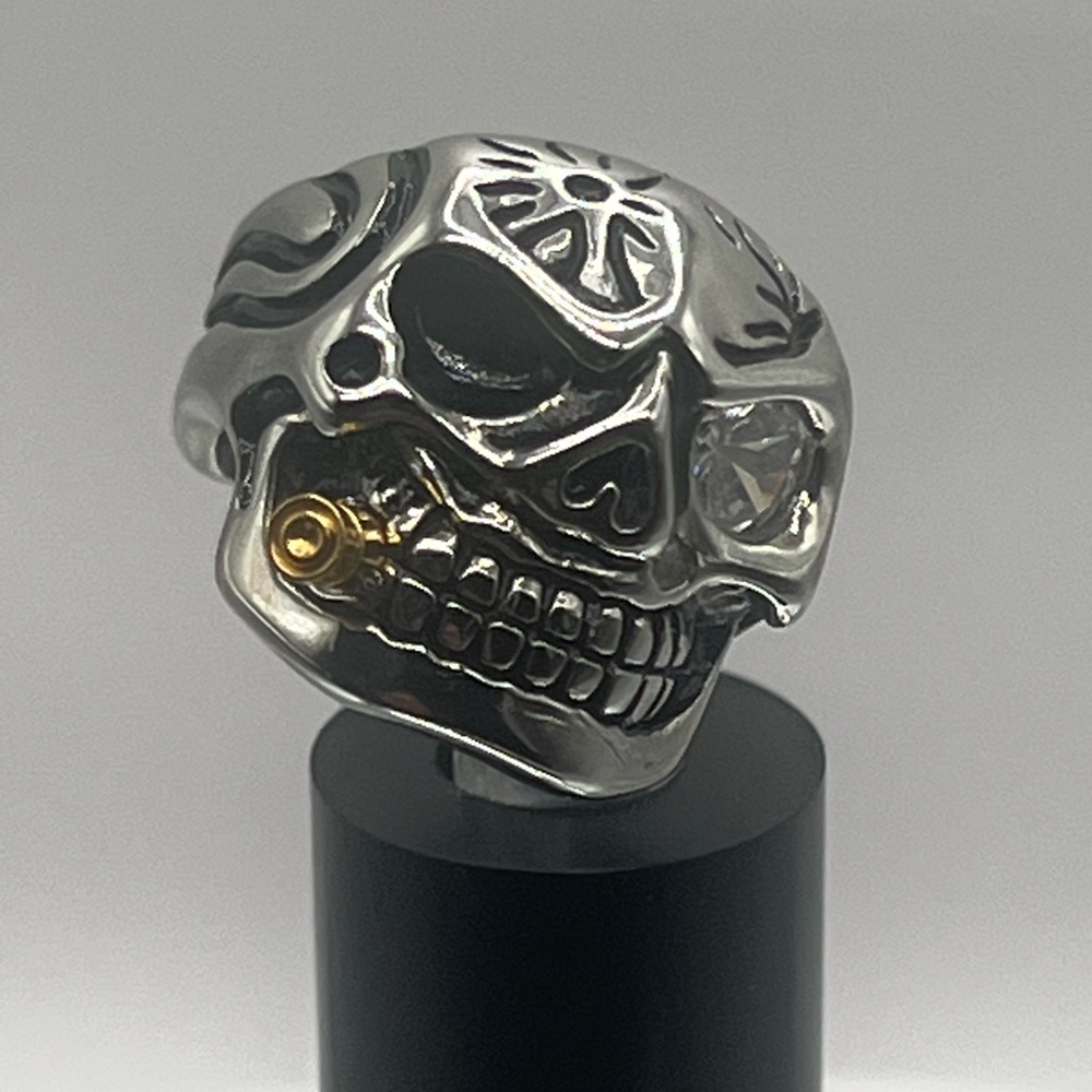 Brand New Silver Skull Ring with Black and Gold Accents